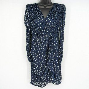 Kate Spade Scatter Dot Dress 6 Navy Silver Faux Wrap Ruffle Velvet Long Sleeve